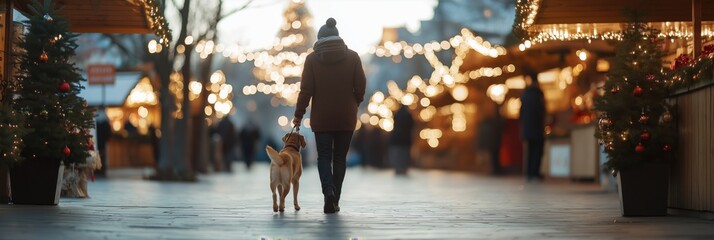 A person walks with their dog through a beautifully lit Christmas market, enjoying the festive and joyous ambiance.