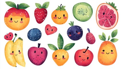 Cartoon Fruits Set with Happy Faces
