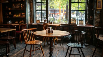 eclectic cafe decor, eclectic wooden furniture lends the cafe a unique vibe, ideal for patrons seeking a cozy spot to unwind
