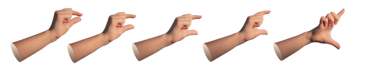 Kids hand gestures showing size from big to small. Pinch, catch, hold, isolated on white. grabbing,...