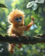 Fototapeta premium a young, cute Golden snub-nosed monkey playing with a leaf on a tree branch