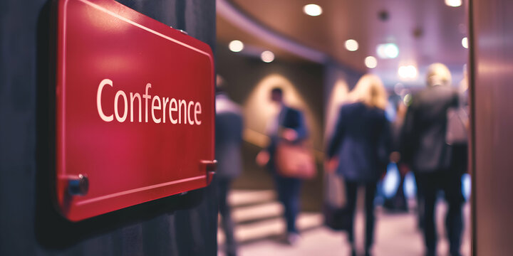 A conference room sign is prominently displayed while people enter the venue, indicating a professional business gathering in progress