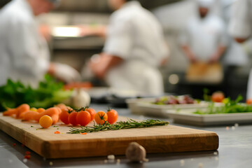 In a bustling kitchen, chefs are focused on preparing various fresh ingredients on a wooden cutting board, showcasing a vibrant mix of vegetables and herbs