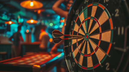 A group of individuals plays darts in a bustling pub setting, with a dartboard prominently displayed. The ambiance is vibrant and social, reflecting a fun night out