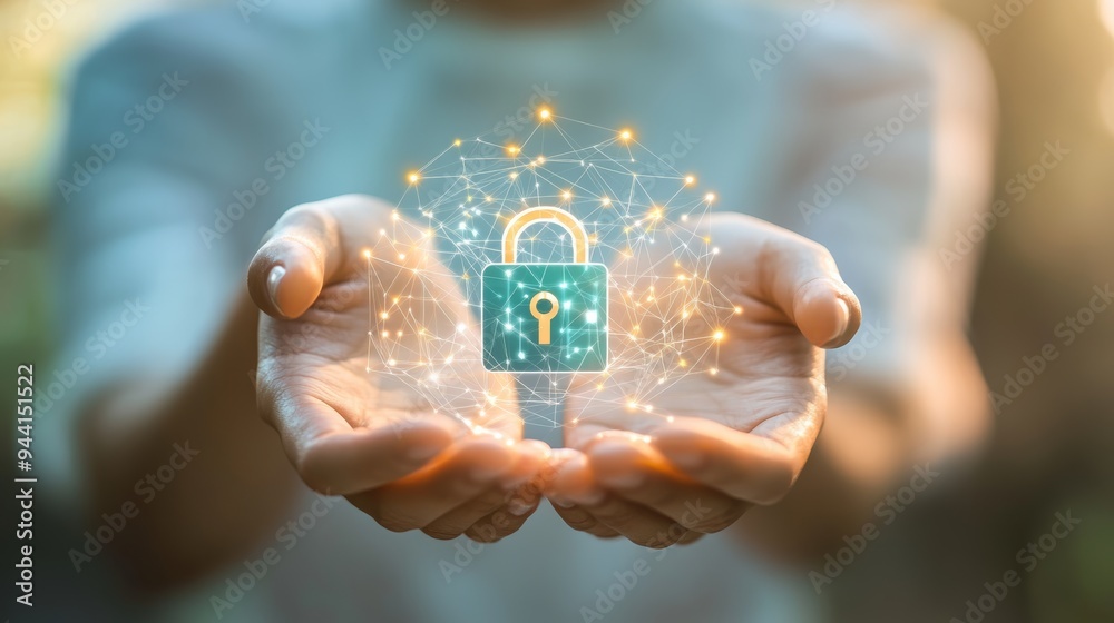 Aufkleber hand holding a digital lock icon with glowing lines, symbolizing cybersecurity and data protection f