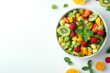 Fruit salad with kiwi, mango, and mint leaves on a white background-gigapixel-hq-scale-6_00x