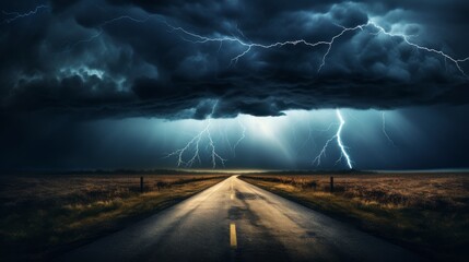 Dark stormy road with lightning striking the horizon
