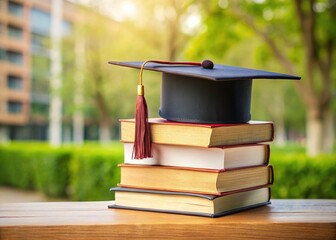 Graduation cap resting on a stack of books with a subtle background of a university campus, symbolizing academic achievement and knowledge.