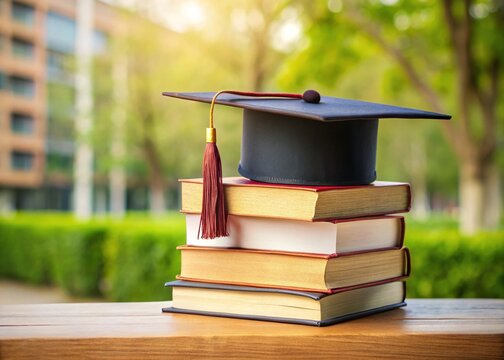 Graduation cap resting on a stack of books with a subtle background of a university campus, symbolizing academic achievement and knowledge.