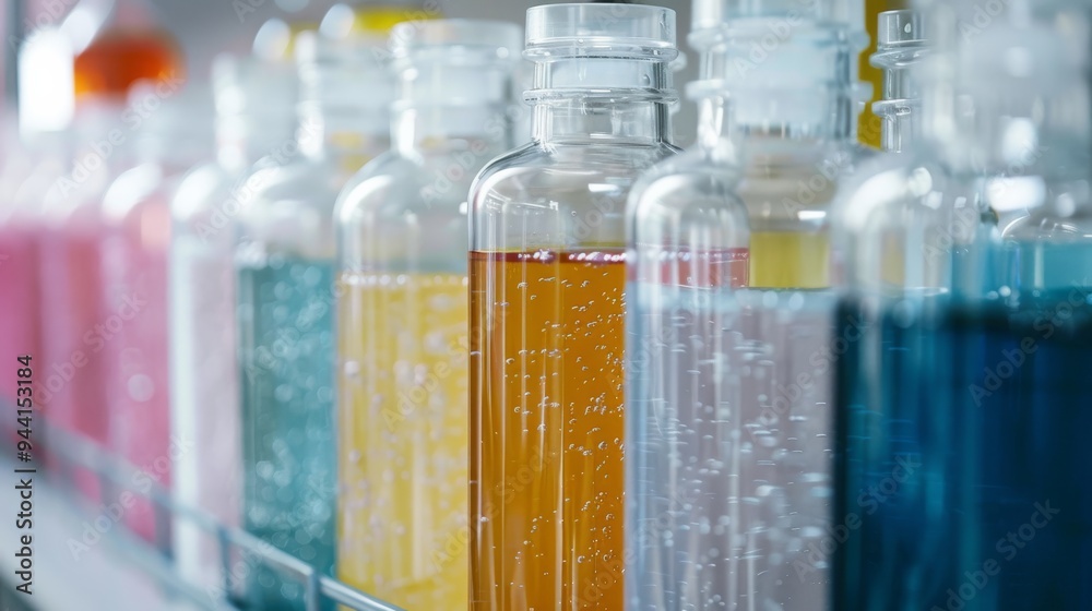 Poster diverse chemicals in laboratory containers close-up photo with clean background