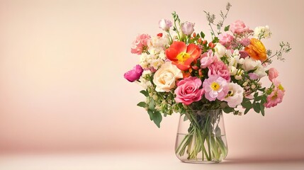 A vibrant bouquet of mixed flowers arranged in a clear glass vase, set against a light pastel color background, showcasing delicate petals and lush greenery
