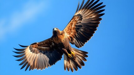Obraz premium A majestic eagle soaring gracefully against a clear blue sky, capturing the essence of freedom
