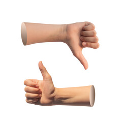 Thumb up and down gesture, kids hand showing like and dislike isolated on white background.
