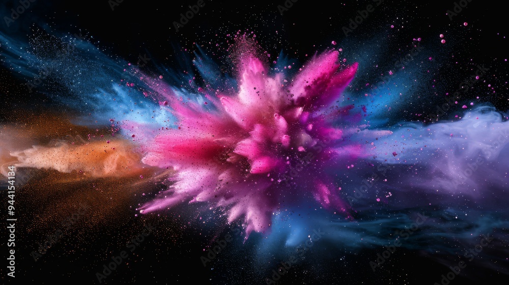Poster Dynamic and colorful particle explosion against a black background