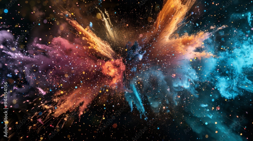 Poster Dynamic and colorful particle explosion against a black background