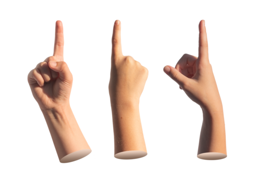 Kids index finger pointing, hand gesture for indicating. Isolated on white background, outstretched forefinger.