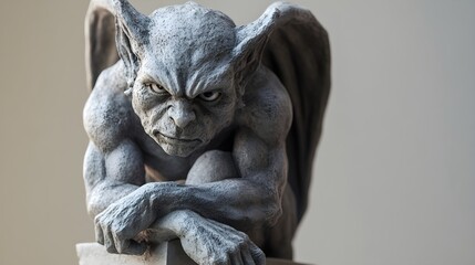 A lifelike gargoyle statue with weathered stone features, illuminated by soft natural light, set against a light solid color backdrop