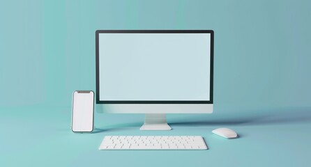 Fototapeta premium Desktop Computer and Phone Mockup on Blue Background