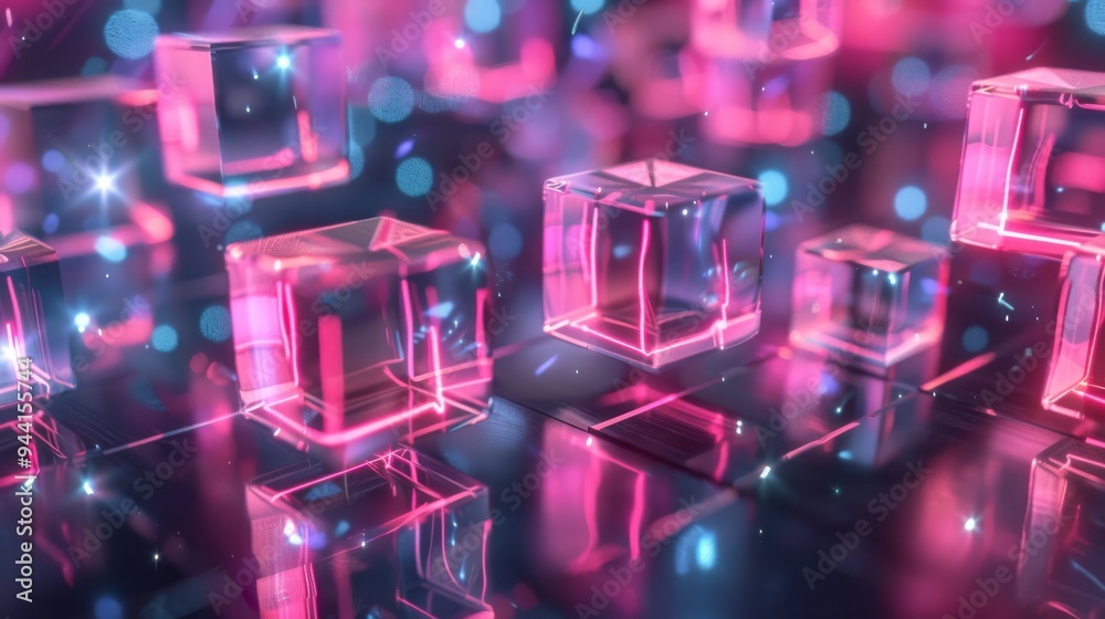 Leinwandbilder Energetic pattern of floating, neon-lit cubes creating an abstract, futuristic atmosphere against a dark background