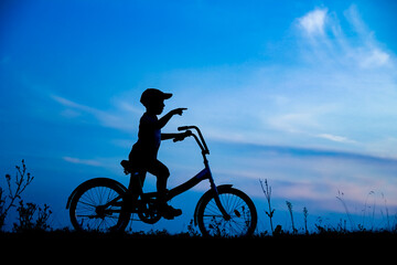 Obraz premium A Happy child and bike concept in park outdoors silhouette