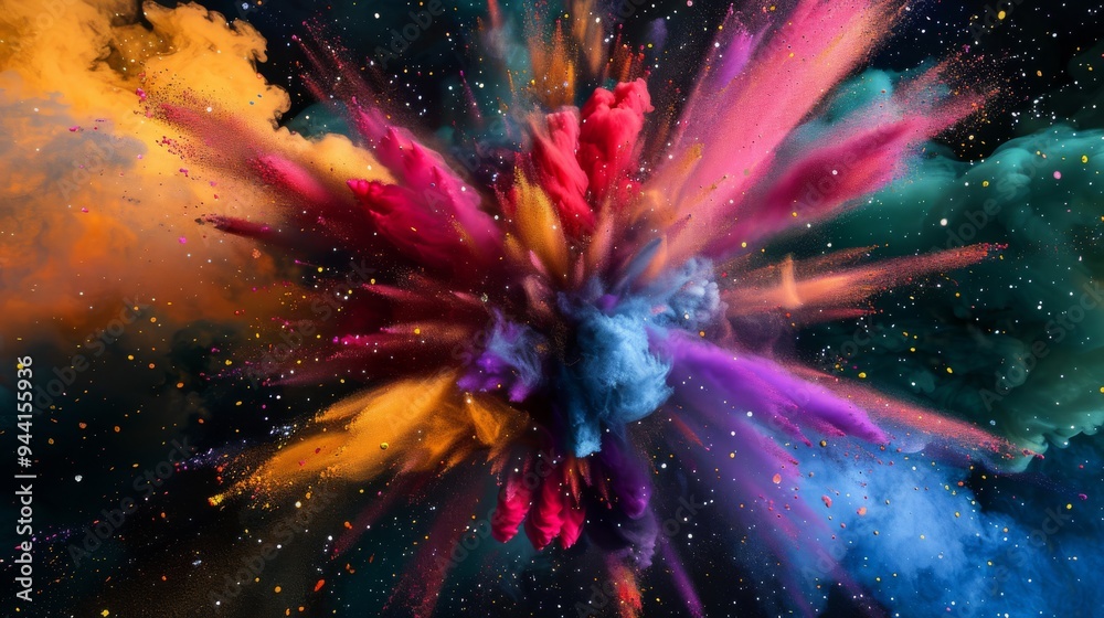 Poster explosion of multicolored particles with dark background