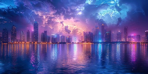 Obraz premium Cityscape with Dramatic Lightning Storm