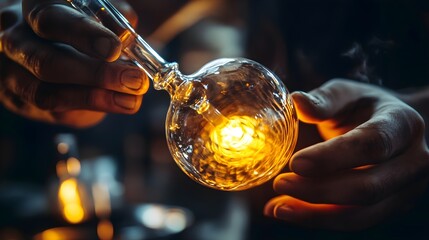 Close-up of a glassblower's hands carefully manipulating a glowing piece of glass on a pipe, showcasing intricate details
