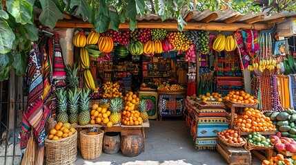 A photograph of a Latin American market, showcasing vibrant fruits, textiles, and cultural artifacts. 