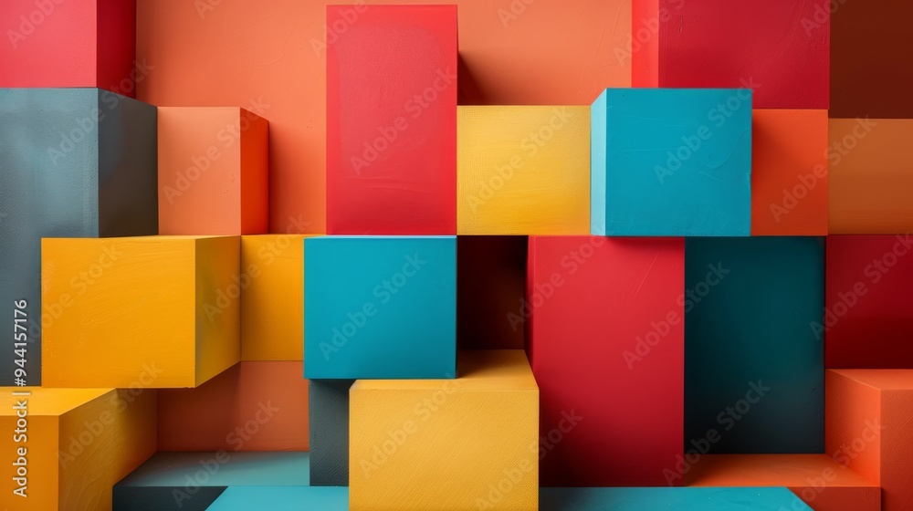 Poster geometric background with overlapping cubes in bright colors and varying opacities on a minimalist s