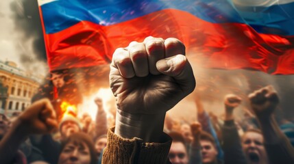 Crowds gather in a city square as demonstrators raise their fists in solidarity beneath a prominent Russian flag, expressing their views amidst a tense atmosphere