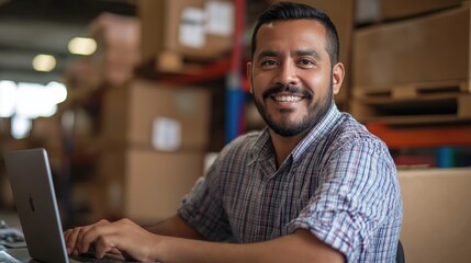 Obraz premium Middle aged young hispanic warehouse distribution logistic deliery centre manager or employee preofessional smiling at camera with toothy smile surrounded with shelves with cardboard boxes