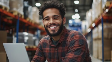 Obraz premium Middle aged young hispanic warehouse distribution logistic deliery centre manager or employee preofessional smiling at camera with toothy smile surrounded with shelves with cardboard boxes