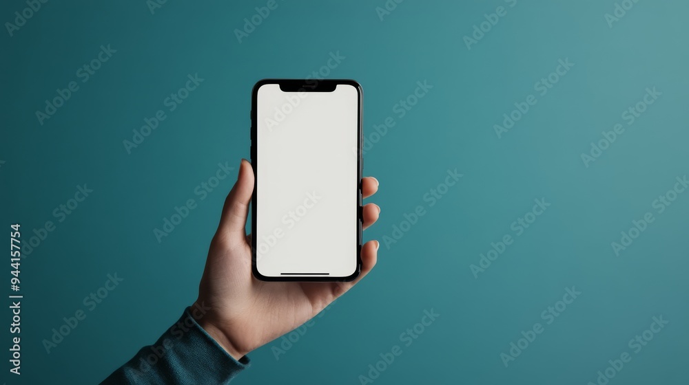 Poster hand of a user interacting with a smartphone featuring a blank screen, set against a minimalistic ba