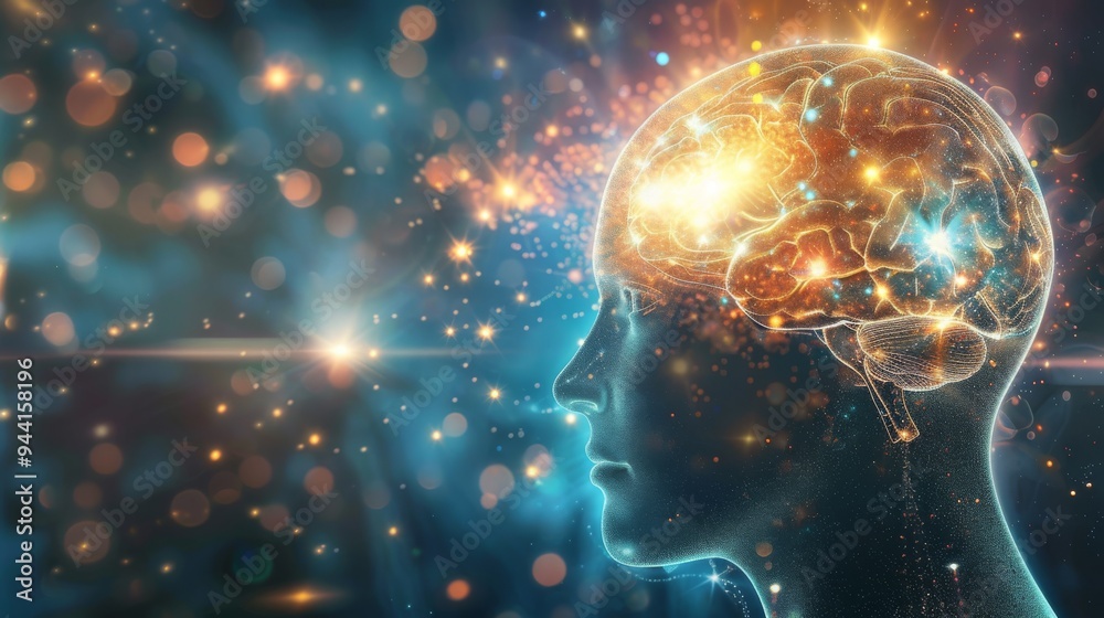 Aufkleber Human head with illuminated brain and bright light beams extending from the head against a sleek, futuristic background