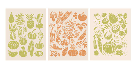 Set of Hand drawn linocut style vegetables posters. Grunge illustration of different vegetables. Vector background