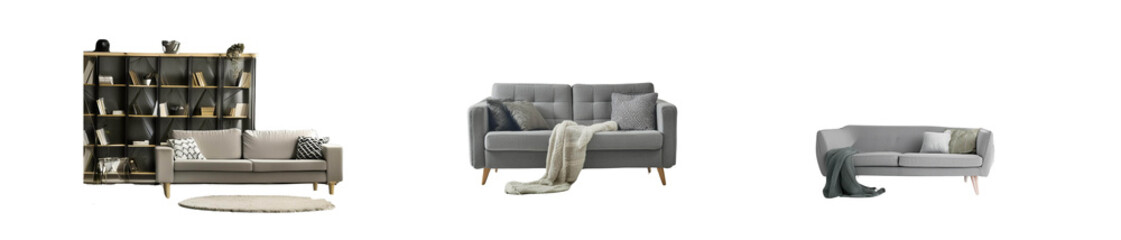 Home interior with gray sofa and white wall mock up, Scandinavian style, 3d render