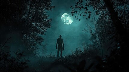In a haunted forest at night, a zombie stands motionless, bathed in the eerie glow of the moon.
