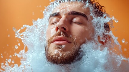 Man with closed eyes submerged in water with splashing droplets