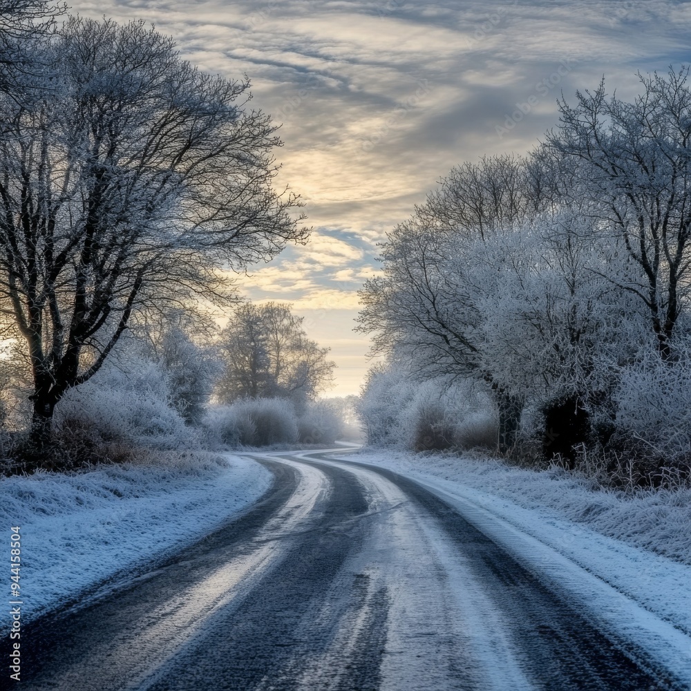 Aufkleber icy road with a light layer of snow, surrounded by frosted trees and a cloudy, winter sky