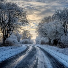 Obraz premium Icy road with a light layer of snow, surrounded by frosted trees and a cloudy, winter sky