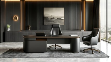 luxury office decor, sophisticated office space featuring stylish desks and designer furniture, showcasing luxurious modern interior design for a high-end workspace