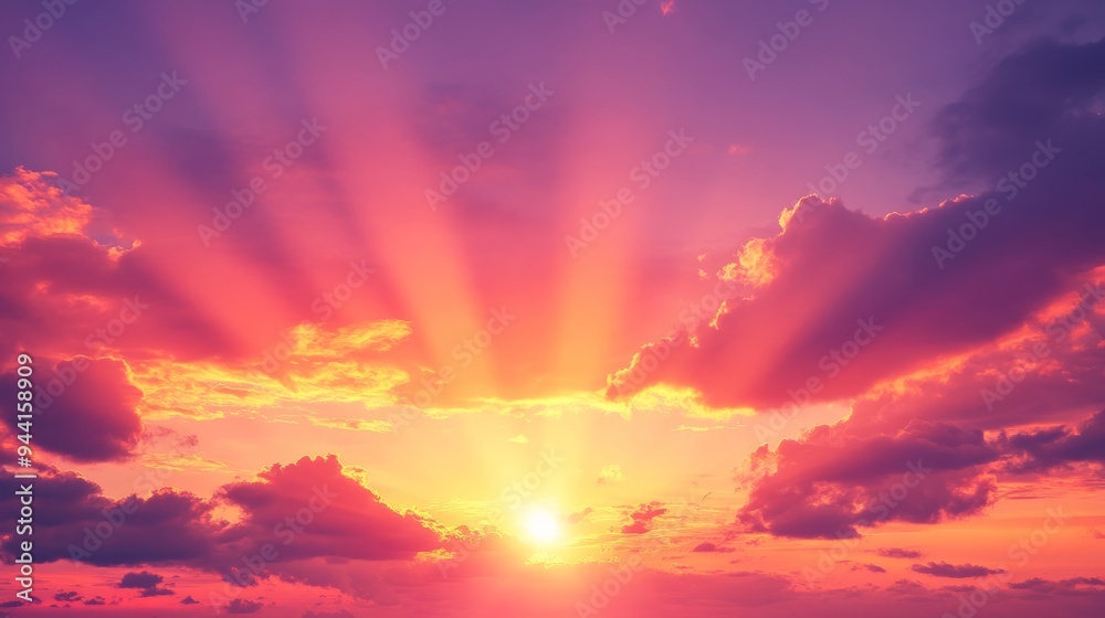 Poster intense sun rays glowing through a vibrant sunset sky with a mixture of fiery reds and soft purples,