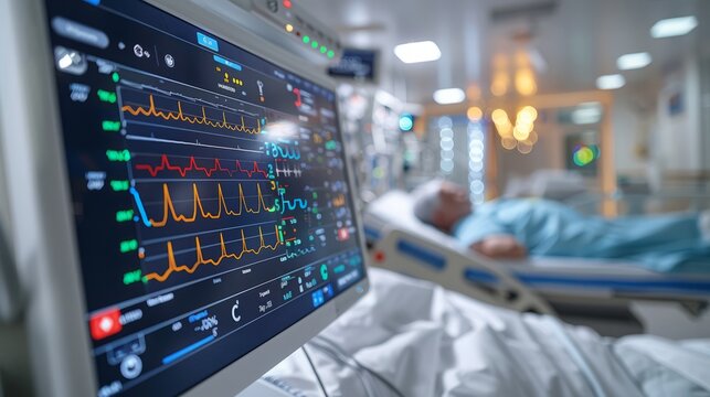A hospital monitor displays vital signs while a patient rests in bed, receiving care from healthcare staff in a well-lit medical facility during afternoon hours