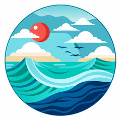 Fototapeta premium Ocean Waves with Sunset and Clouds in a Circular Design