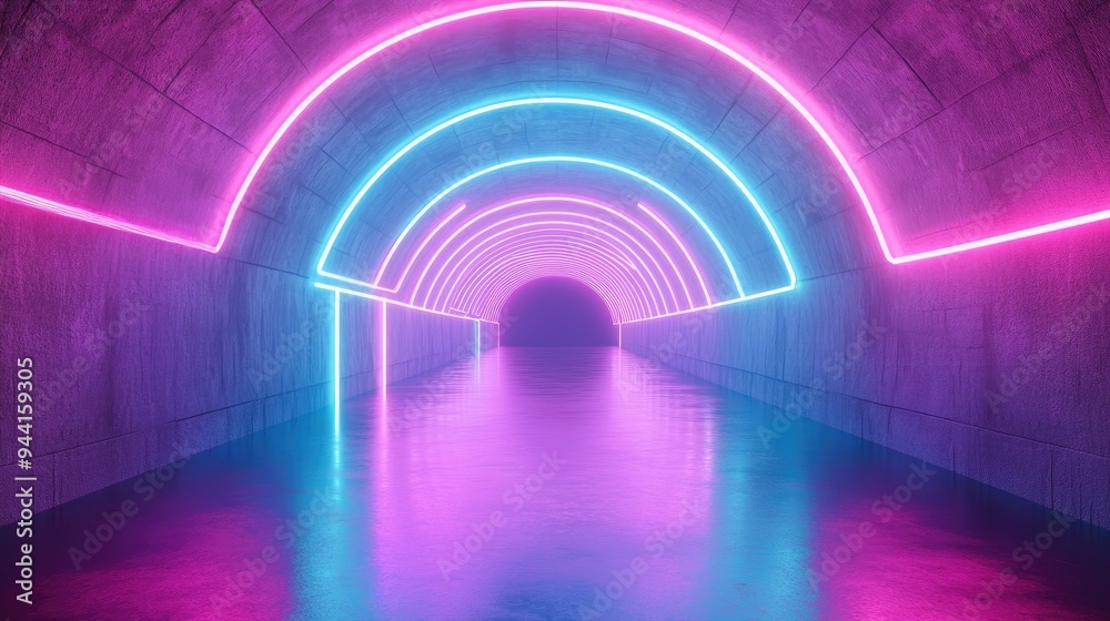 Poster 3d rendering of a glowing tunnel with neon lights featuring an abstract background square portal and