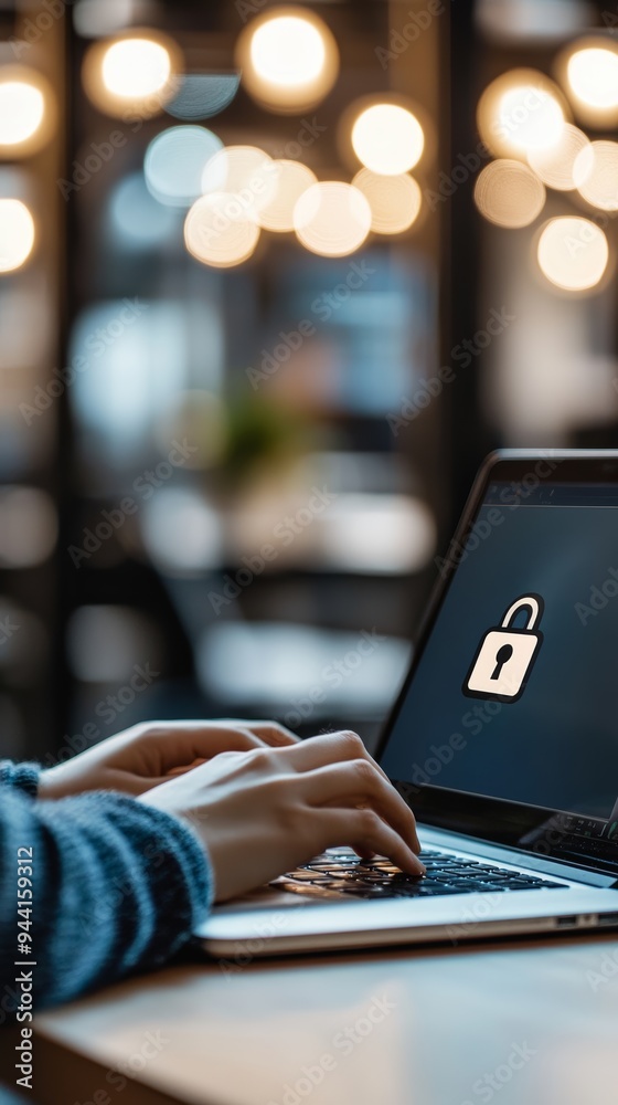 Poster Hands typing on a laptop with a glowing lock icon on the screen, symbolizing secure login and online privacy. Highlighting the importance of digital security in a modern workspace.