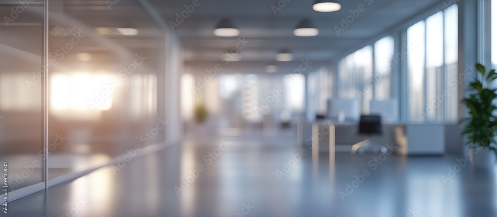 Poster 3d rendering of a blurred empty office space with abstract light bokeh in the interior background