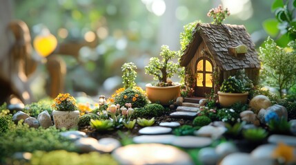 3D rendering of a decorative home garden with garden composition pot design and cozy interior elements featuring miniature figurines