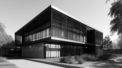 3D rendering of a modern building featuring a rusty facade in black and white