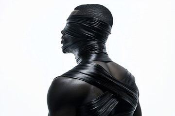 Artistic Profile of a Black Man Wrapped in Black Straps Against Minimalistic Background for Fashion Editorial or Conceptual Art